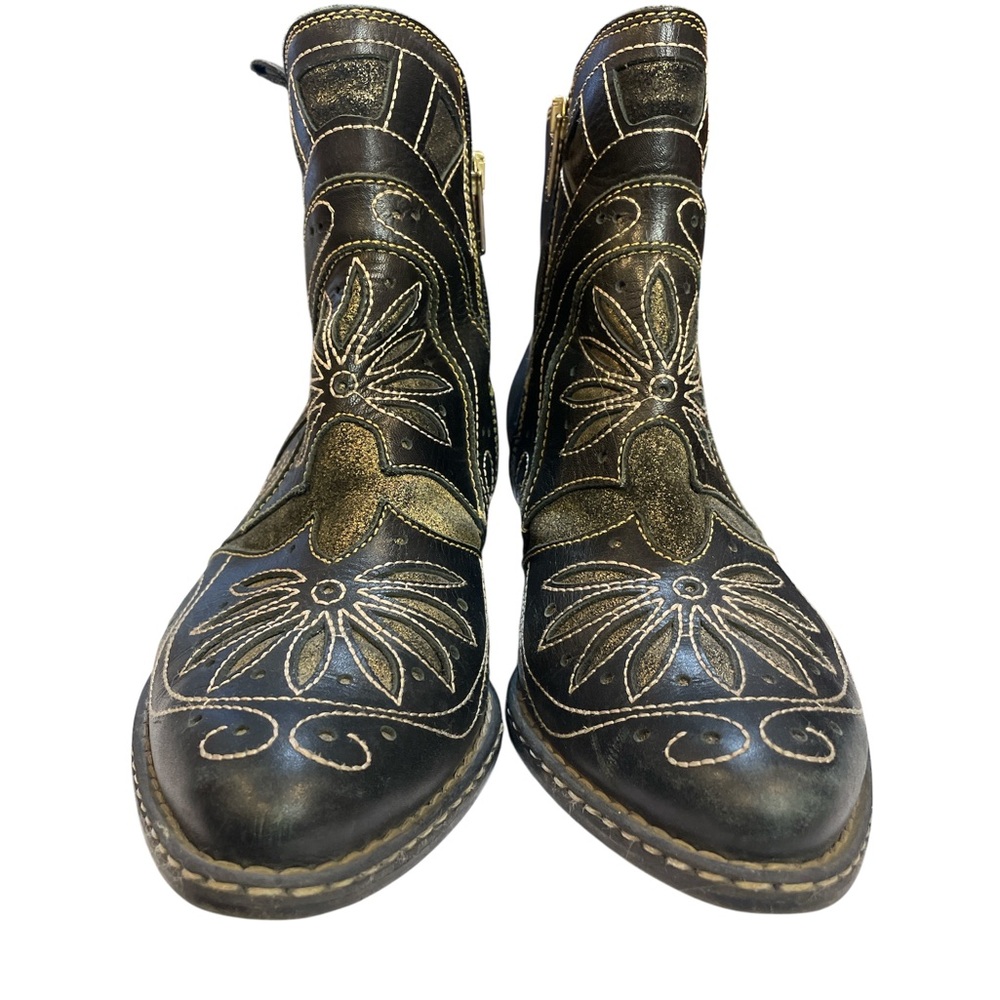 PIKOLINOS Black Leather Ankle Boots with Gold Embroidery